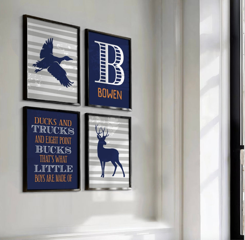 Deer nursery decor, ducks and trucks, eight point bucks, what little boys are made of, duck, deer, navy blue gray, nursery, boys, art prints