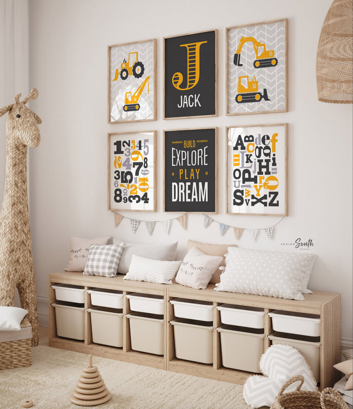 Construction boy bedroom theme, little boy construction truck art, construction with quote abc's 123's boy's name, build explore play dream