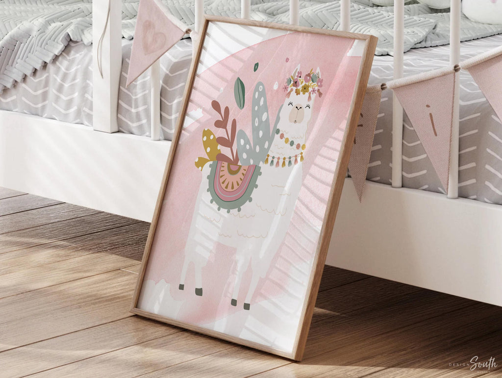 Boho nursery decor, boho nursery wall art idea, print set llama mauve pink succulents, llama themed baby room, wall decor girl bedroom llama