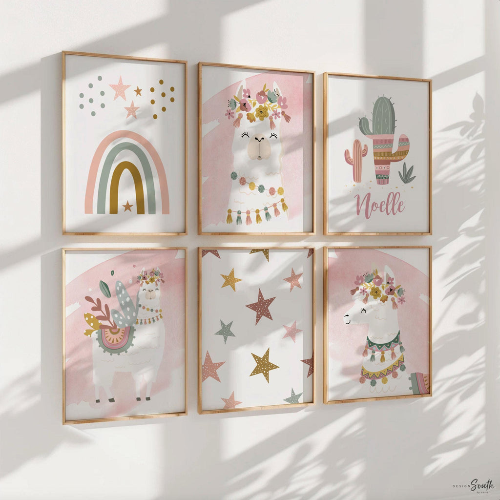 Boho baby room decor, baby girl nursery ideas mauve pink, bohemian style nursery art print set for girl, personalized gift girl boho llama