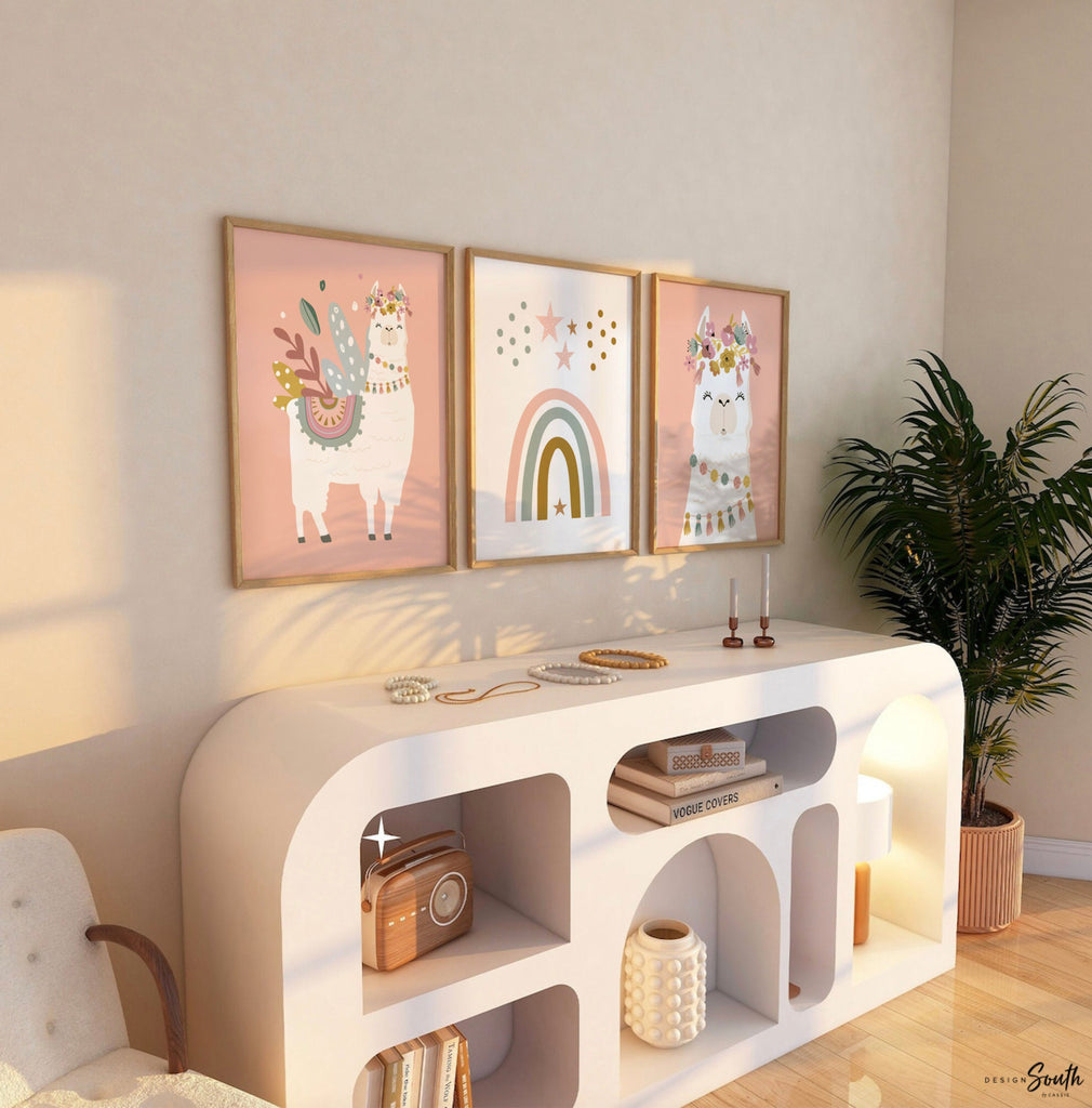 Boho nursery decor, boho nursery wall art idea, print set llama mauve pink succulents, llama themed baby room, wall decor girl bedroom llama
