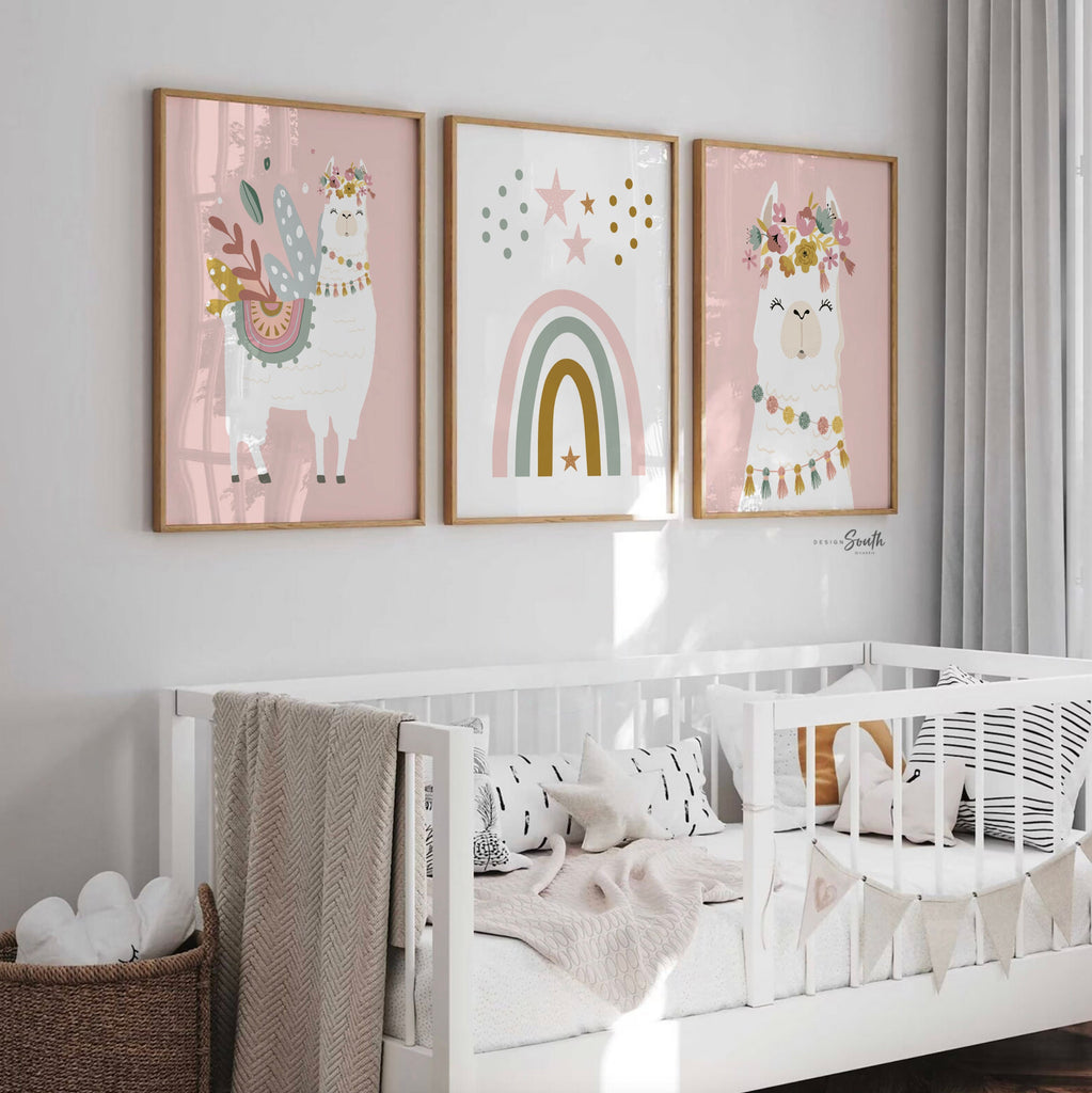 Boho nursery decor, boho nursery wall art idea, print set llama mauve pink succulents, llama themed baby room, wall decor girl bedroom llama