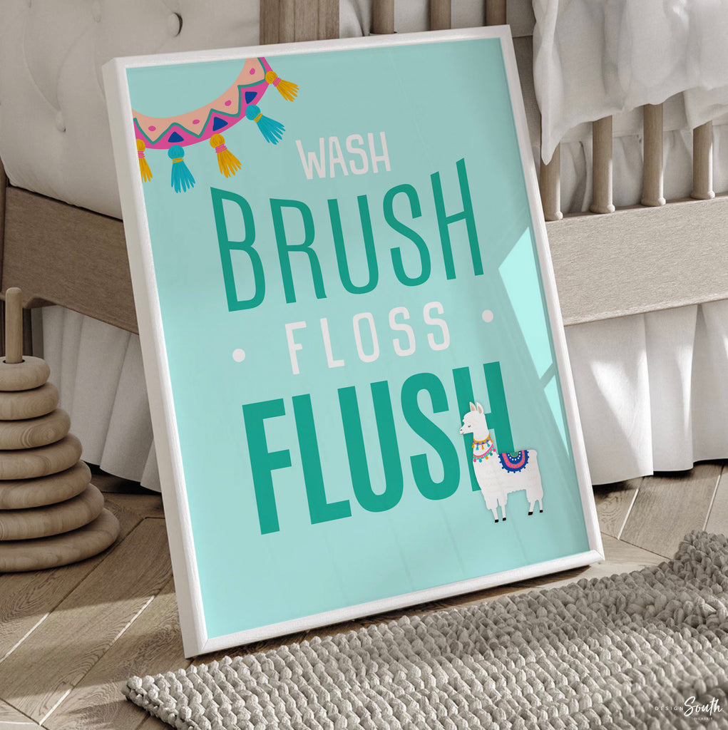 Kids llama bathroom, brush flush childrens bathroom art print, boy/girl llama bathroom, toddler bathroom art llama alpaca cactus theme decor