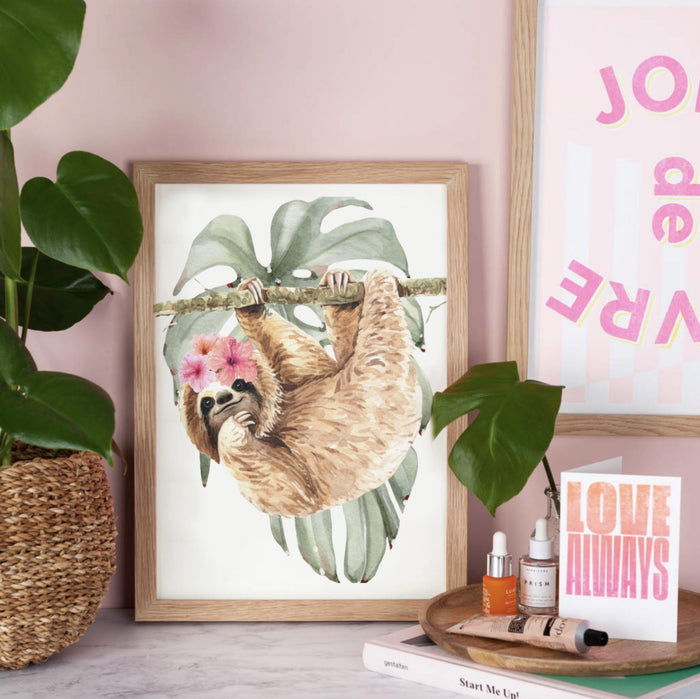 Isn't she lovely, baby girl sloth wall art, sloths with pink flower crowns, animal print ideas for girl nursery, girl bedroom sloth themed