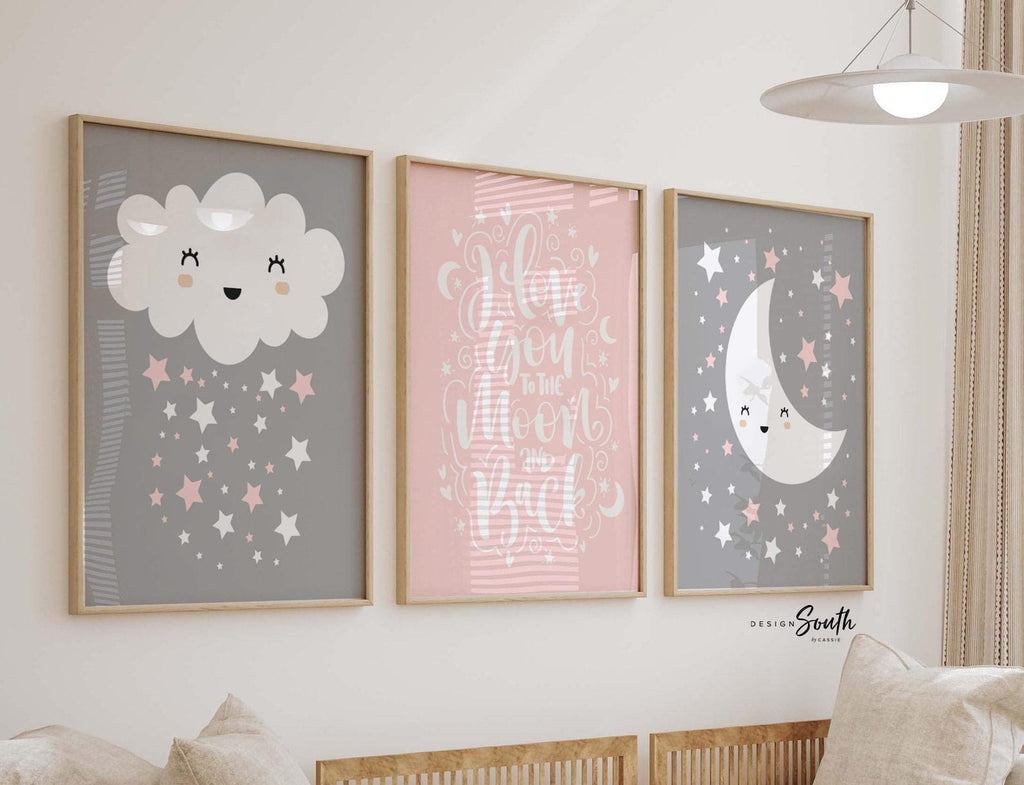 Pink gray nursery decor, star cloud moon girl room, love you to the moon nursery art, star nursery, baby nursery quote, pink gray baby decor