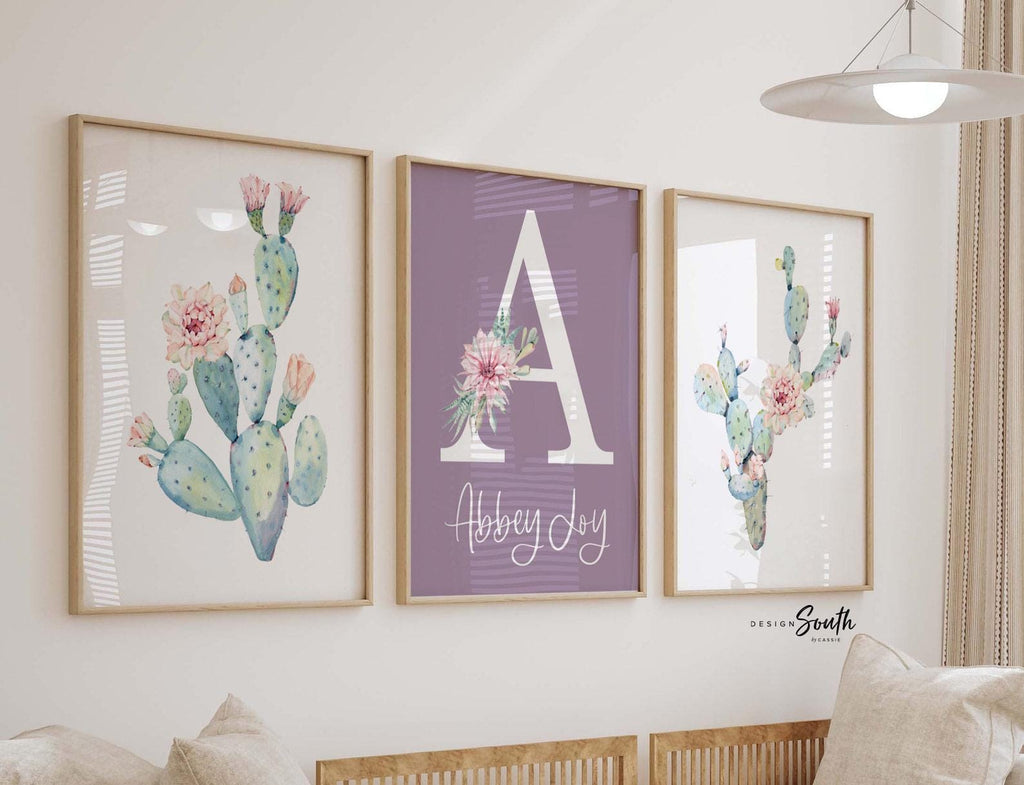 Purple desert cactus nursery, cactus nursery wall art, purple desert cactus bloom art, cactus floral wall art, cactus baby shower gift girl