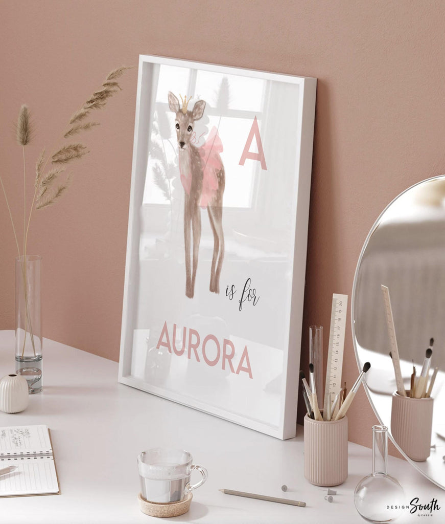 A is for name print personalized, fawn deer baby art, baby girl monogram baby deer, newborn baby gifts, dance tutu ballerina art, pink deer
