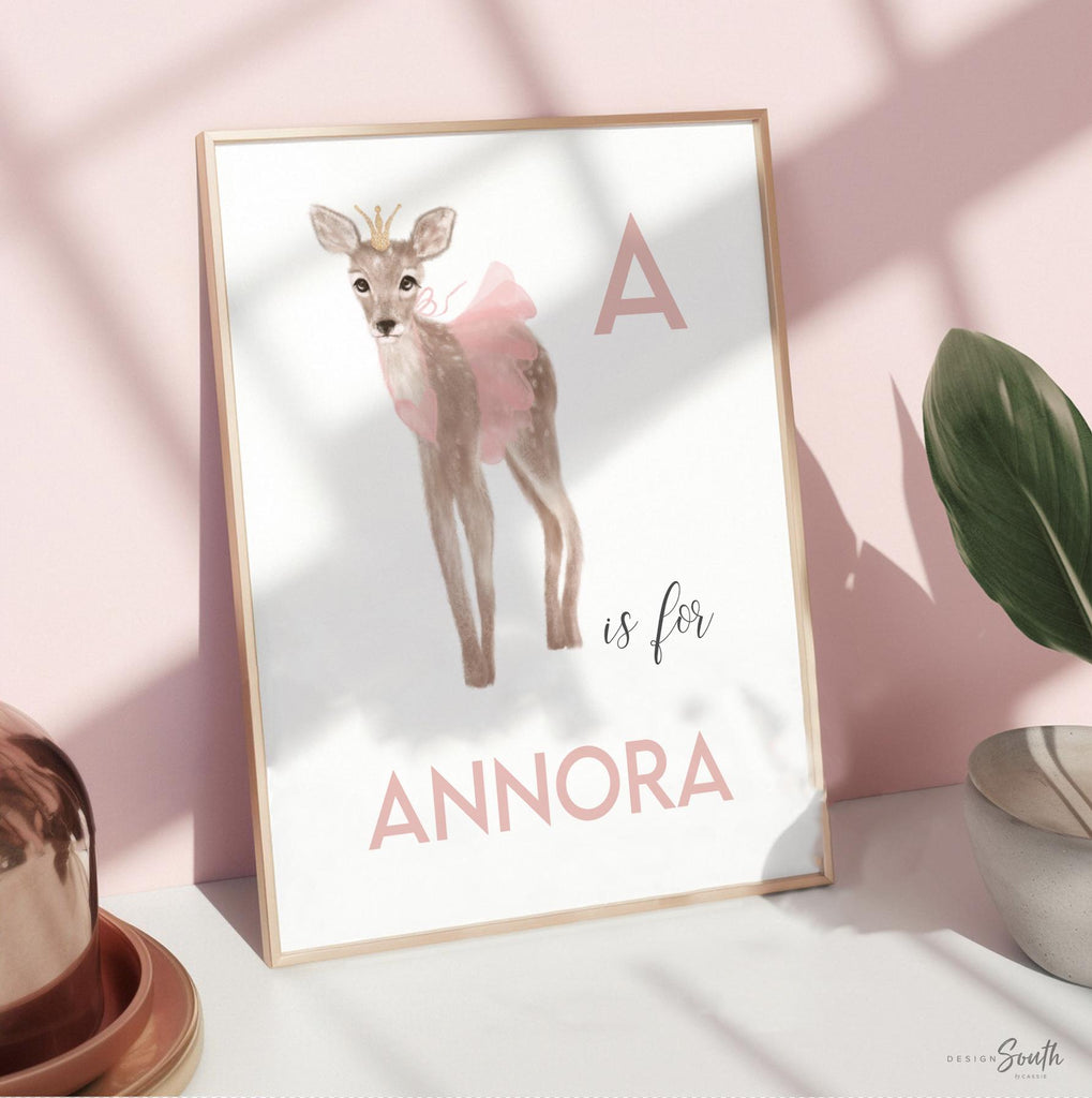 A is for name print personalized, fawn deer baby art, baby girl monogram baby deer, newborn baby gifts, dance tutu ballerina art, pink deer