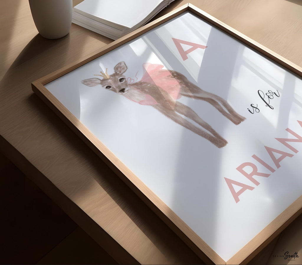 A is for name print personalized, fawn deer baby art, baby girl monogram baby deer, newborn baby gifts, dance tutu ballerina art, pink deer