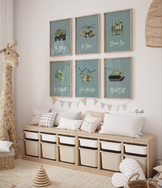 Army vehicles boys wall art set, soldier military tank truck helicopter, boys bedroom wall art print decor army marine troop, playroom army