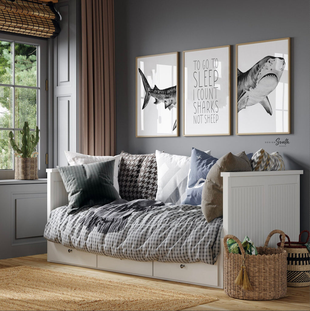 Set of shark-themed nursery wall art prints featuring the quote “To go to sleep I count sharks not sheep.” Perfect for a baby boy’s room or ocean-themed nursery, this playful and modern artwork adds a fun touch to boys&#39; bedrooms or toddler spaces. Includes watercolor-style shark illustrations and bold text, ideal for a shark lover’s room or under-the-sea decor. A great gift for baby showers, birthdays, or parents creating a shark or marine life theme for their little one.