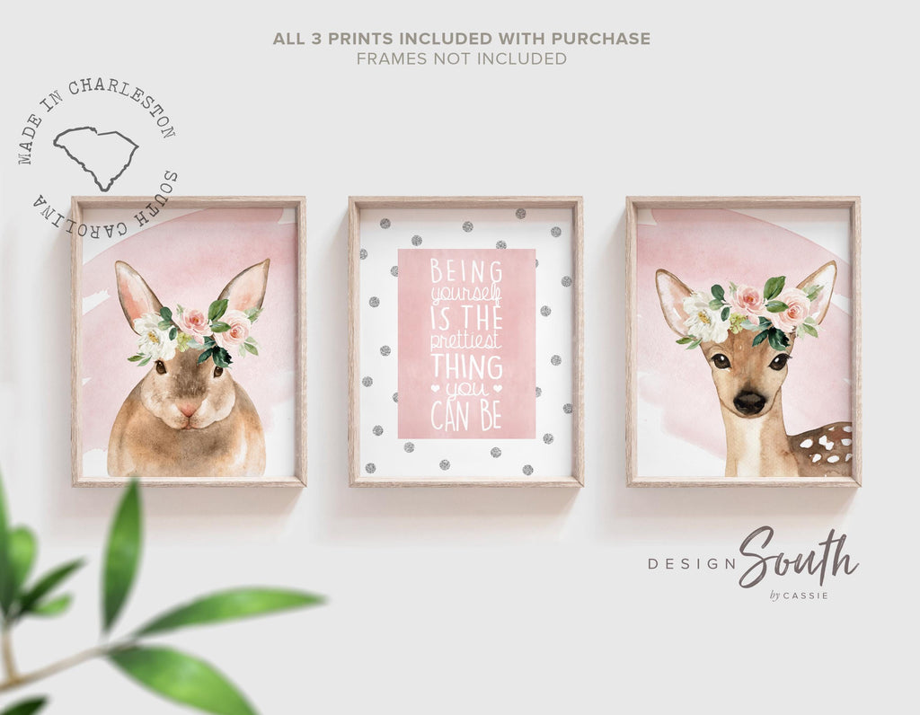 Pink forest animal nursery art, baby girl bunny deer nursery, pink animal wall prints, little girl bedroom animal art, being yourself quote