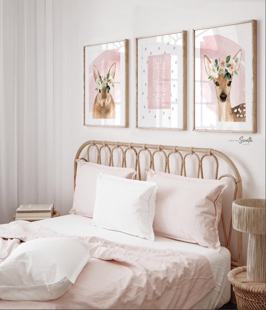 Pink forest animal nursery art, baby girl bunny deer nursery, pink animal wall prints, little girl bedroom animal art, being yourself quote