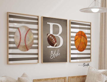 Nursery wall decor for boys sports theme, boys bedroom prints sports, football baseball basketball print set for boy, personalized boy print