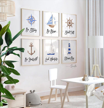 Nautical boys room art, anchor ship wheel sailboat collection nautical wall prints, nautical nursery art, ocean theme wall art, sea baby art