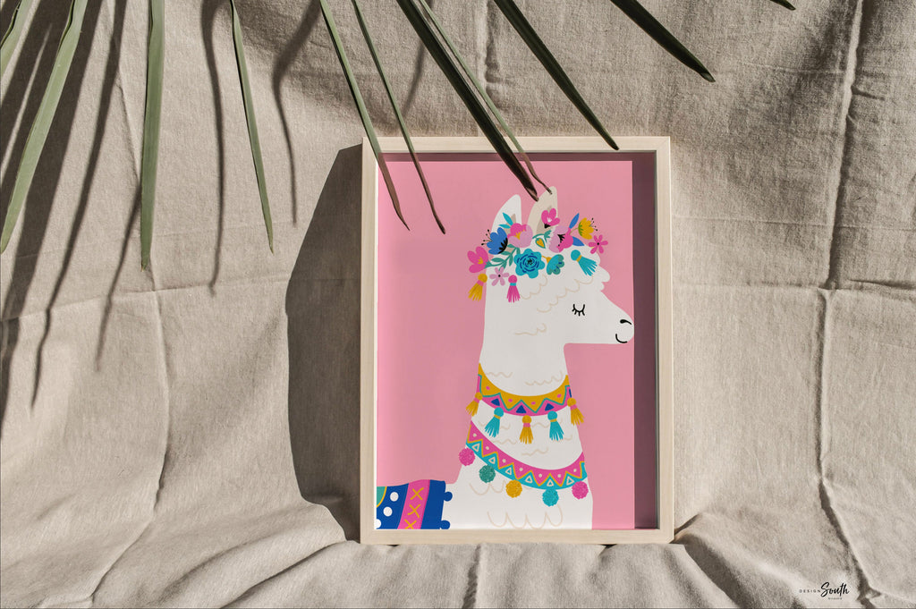 Floral crown llama nursery decor, pastel floral animal theme bedroom, pink mint yellow llama, tassel decor for girls bedroom, llama prints