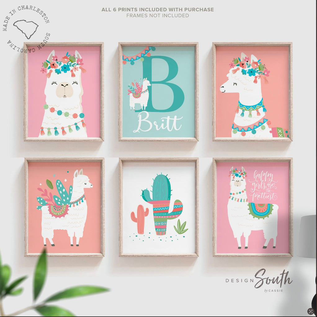 Llama birthday party customized, alpaca cactus theme, llama party decor, llama baby girl nursery wall art personalized, little girls bedroom