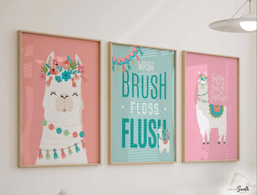 Girls llama bathroom decor, coral pink and teal girls bathroom decor, girls bathroom art print llama, pink and teal art, alpaca llama theme