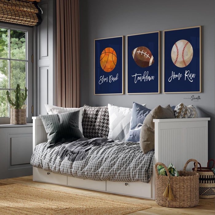 Sports room decor for boys, basketball football baseball prints boys room, nursery decor boys wall art navy blue sports balls, playroom idea