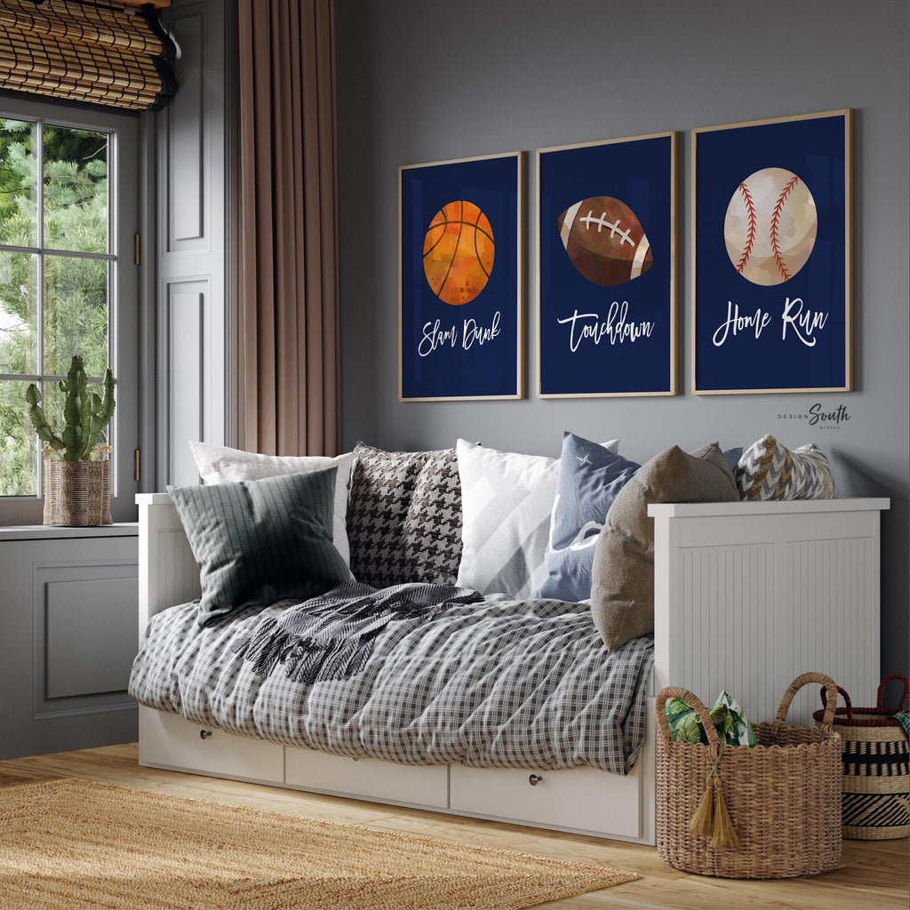 Sports room decor for boys, basketball football baseball prints boys room, nursery decor boys wall art navy blue sports balls, playroom idea