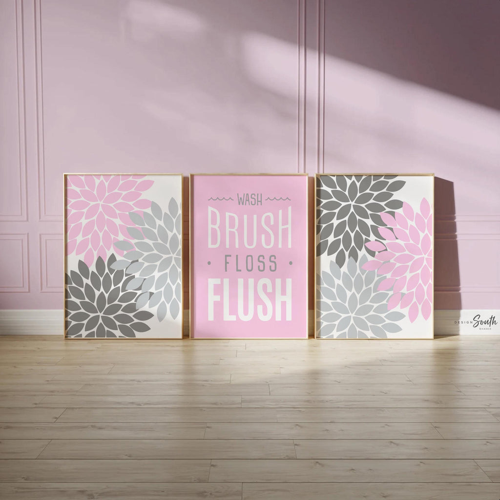 Girl pink gray bathroom decor, girls wash brush bathroom sign, gray pink girls bathroom, girls flower bathroom, modern bright kids decor