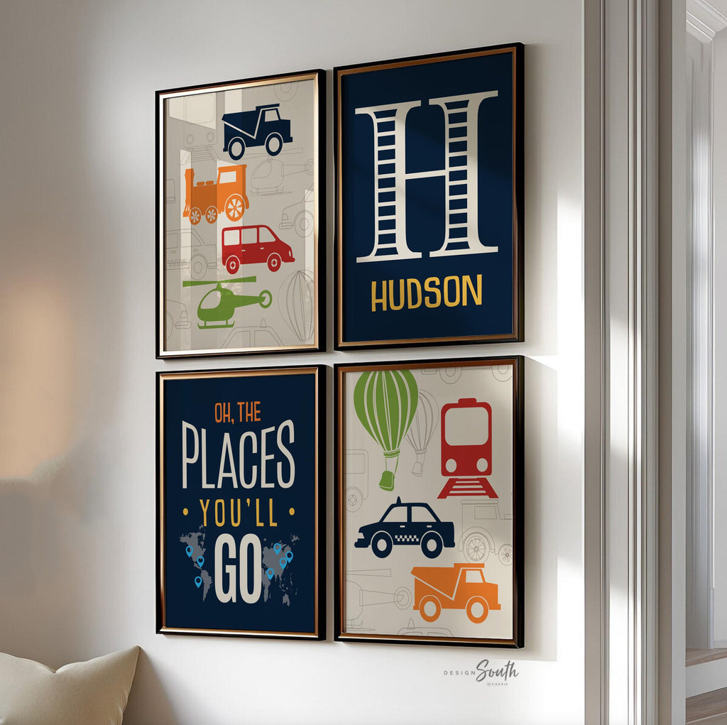 Transportation nursery decor, blue, red, orange, oh the places youll go, personalized print, name, transportation prints, helicopter, train