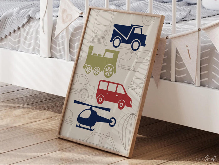 Transportation nursery decor, blue, red, green, oh the places you'll go, personalized print, name, transportation prints, helicopter, train