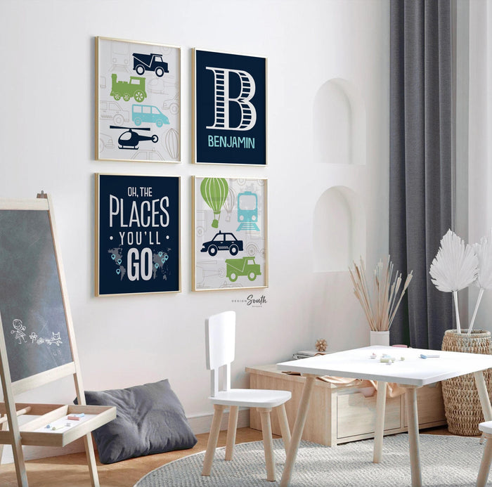 Transportation nursery decor, blue, green, aqua, oh the places you'll go, personalized print, name, transportation prints, helicopter, train