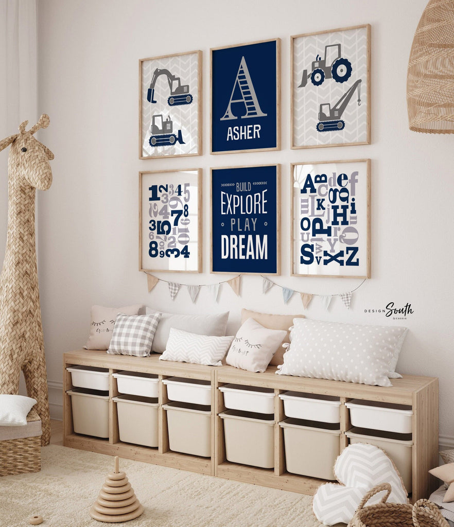 Blue gray construction bedroom theme, little boy construction decor, construction with quote abcs 123 boys name, build explore prints