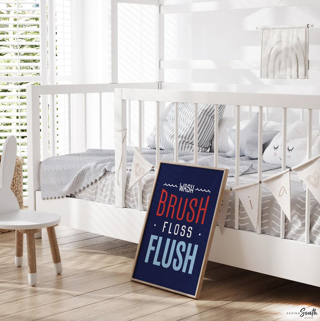 Bathroom wall decor for children, navy blue bathroom print children art, blue red navy bathroom decor, wash brush floss flush print wall art