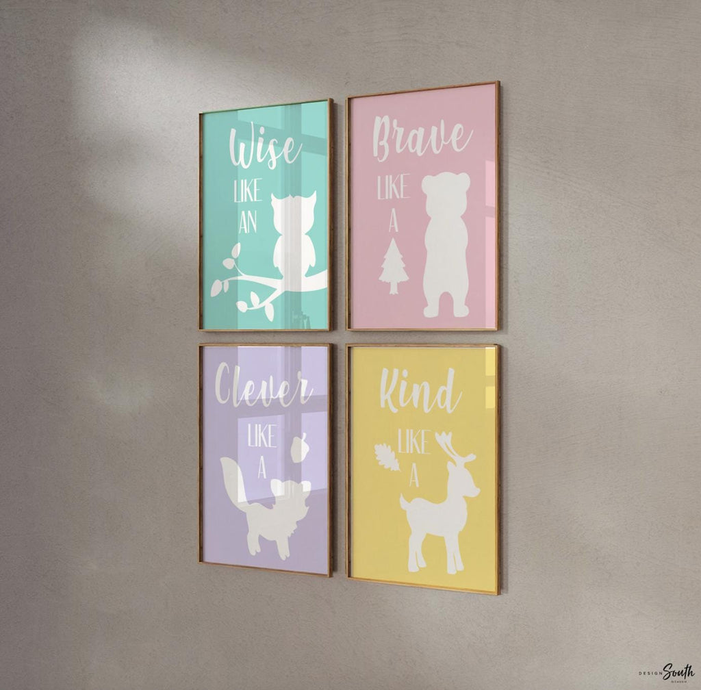 Girl woodland art decor, girls wall decor forest animals, woodland nursery, pink squirrel bear fox owl, nursery animal art, pastel woodland