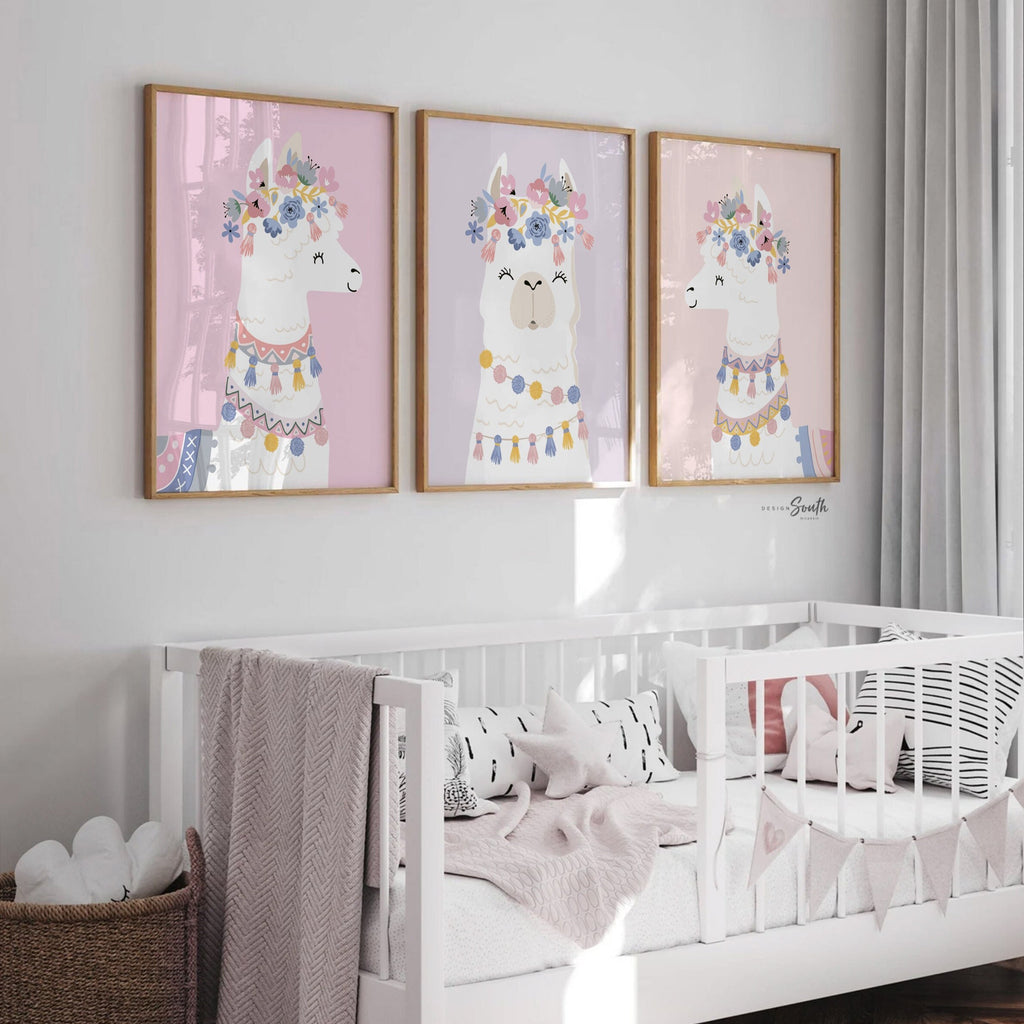 Pink pastel llama nursery wall decor, soft pink sweet llama room art, girl pastel room prints, set of 3 art above crib, pastel pink bedroom