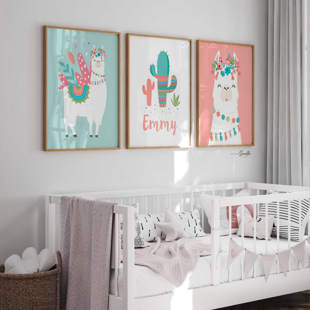 Llama themed girls bedroom, boho chic nursery art prints, llama alpaca accessories decorations, custom kids llama cactus gift personalized