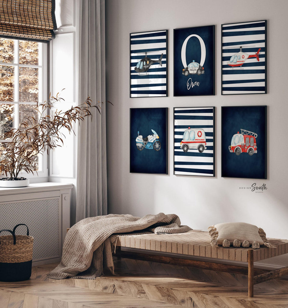 Rescue vehicle wall art, emergency vehicles nursery art, toddler room decor, big boy bedroom, transportation nursery, vehicles wall art set