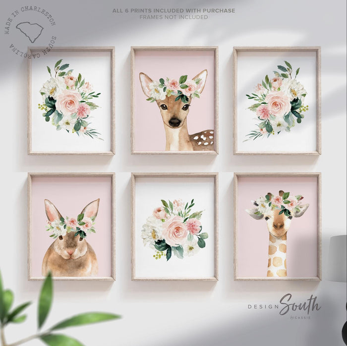 Baby girl pink nursery woodland animals, name art gift baby girl, baby shower cute animals, watercolor nursery art, animal baby girl gift