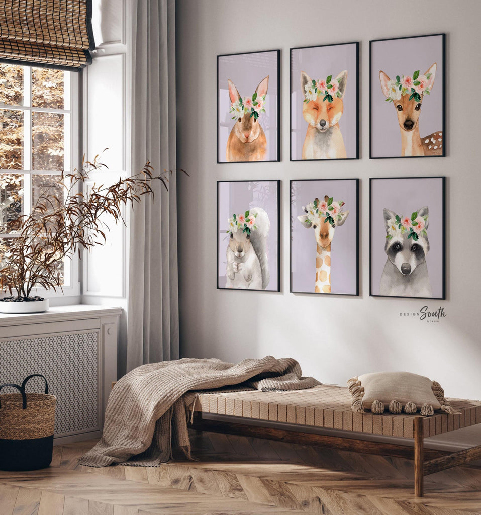 Lilac nursery art, girls room wall art animals, flower crowns, lilac wall art, kid room prints, woodland deer bunny fox, watercolor animals