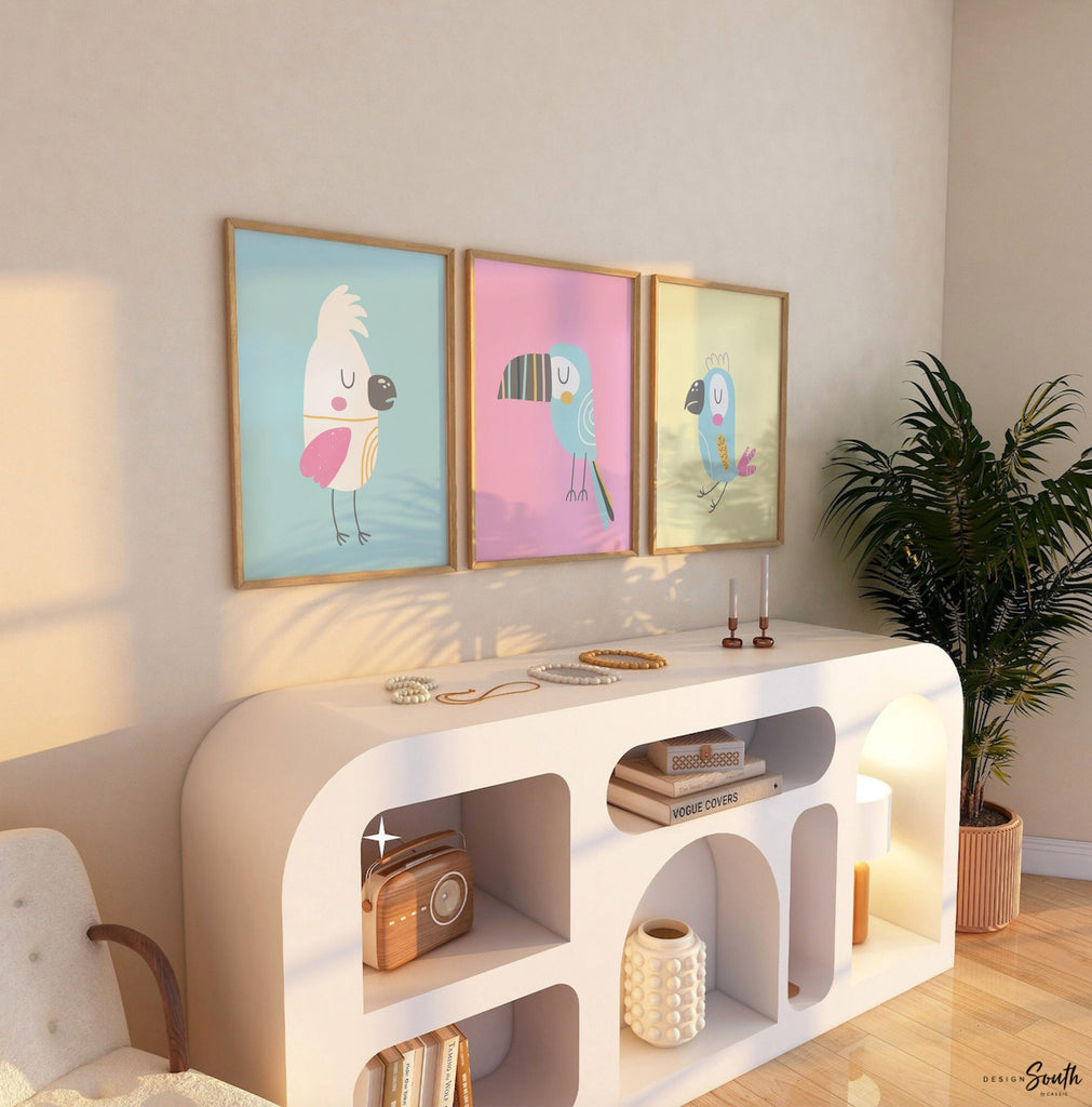 Pastel bird prints for nursery bedroom playroom, pastel tropical art, pastel kid art, baby tropical themed room, yellow blue pink pastel art