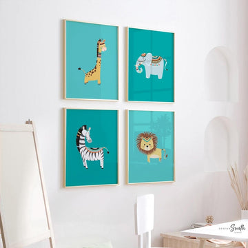 Turquoise childrens decor playroom, shared playroom wall art idea, safari wall art zoo animals lion zebra elephant giraffe, kid playroom