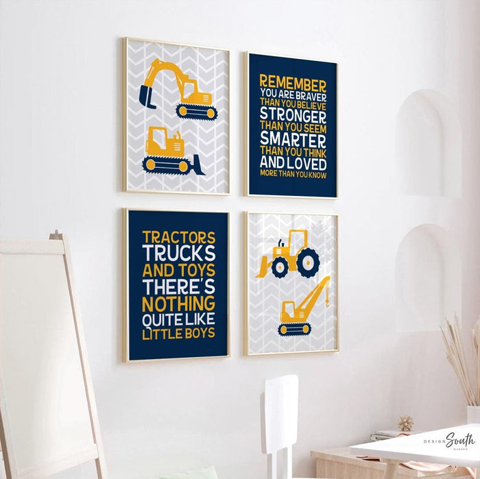 Tractors Trucks & Toys Theres Nothing Quite Like Little Boys, Remember You Are Braver, digger art print, construction trucks room wall decor