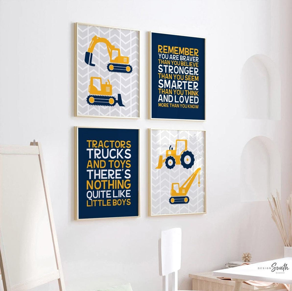 Tractors Trucks & Toys Theres Nothing Quite Like Little Boys, Remember You Are Braver, digger art print, construction trucks room wall decor