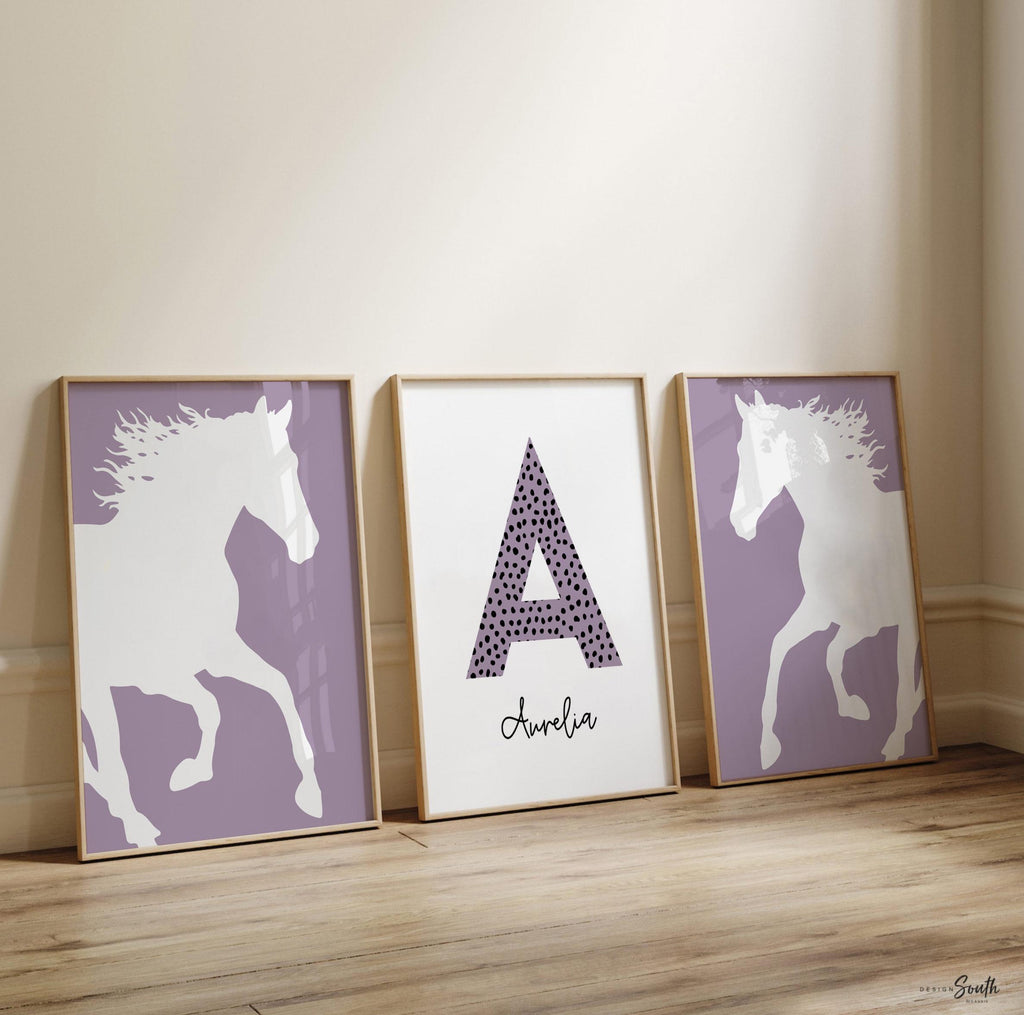 Purple horse girl nursery, horse girl room art, farm nursery decor, girl horse nursery theme, horse gift for girl, farm pony race girly art