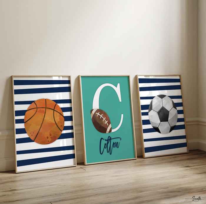 Sports wall prints for kid room, sports balls wall pictures, sports art personalized gift, basketball soccer football wall art boy nursery