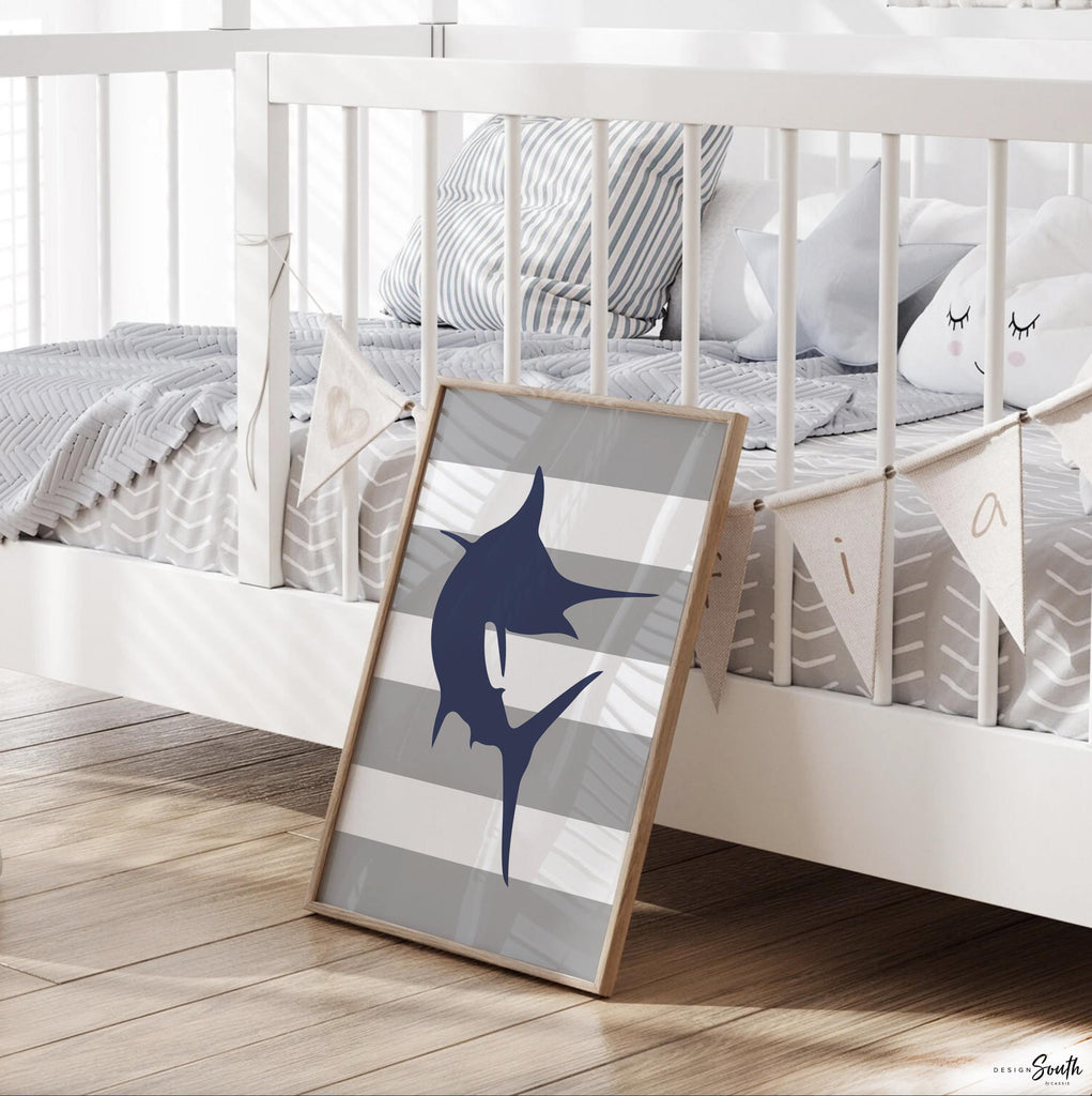Marlin fishing toddler bedroom decor, boy marlin deep sea fisherman art, baby boy nursery decor fishing marlin jumping, child ocean fish art