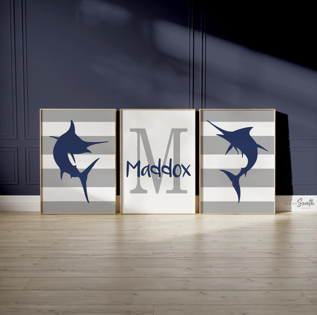 Marlin fish gift for boy, deep sea fishing wall art prints fishing nursery, boy saltwater fishing art, boy fishing bedroom personalized name