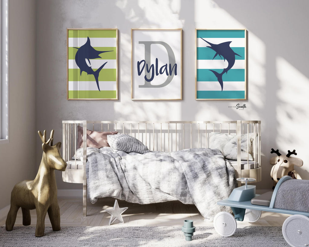 Boys nursery decor marlin fish jumping, navy turquoise lime green, boys room ocean fish decor, gift for boy fish, playroom toddler wall idea