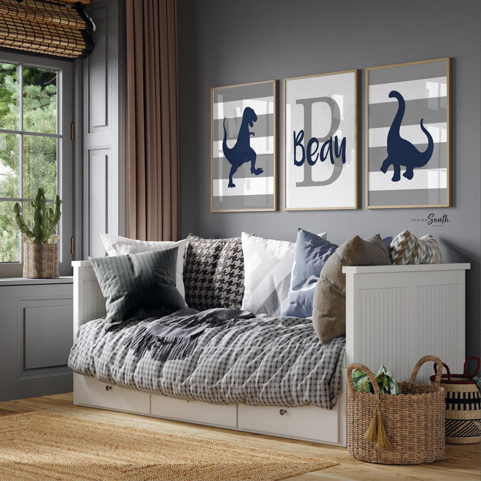 Navy dinosaur art boys name, decor baby boy wall art dinosaurs, dinosaur bedroom boys, personalized wall art for boy, navy blue and gray kid