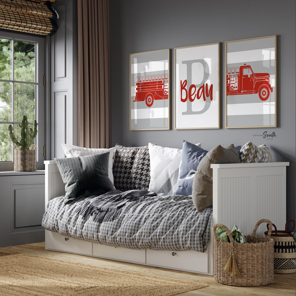 Firefighter nursery art, baby boy fireman gift, wall art boys bedroom decor, fire truck theme decor, kids fireman wall art prints baby boy