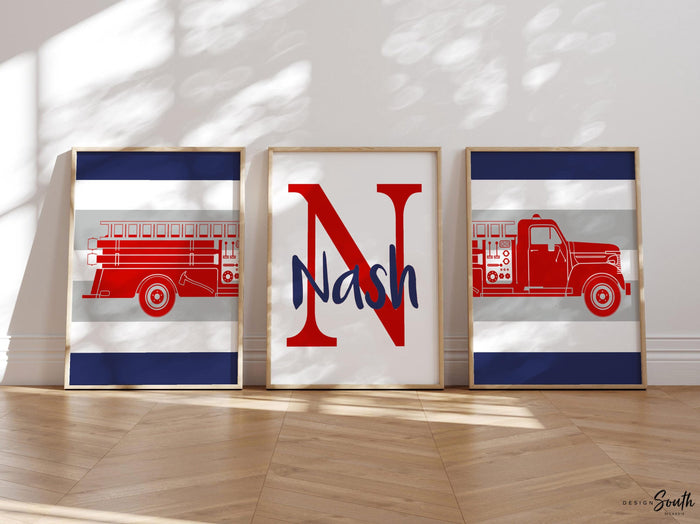 Red gray and navy blue firetruck nursery decor, firefighter nursery art, firetruck kid art, firetruck theme, children firetruck wall art