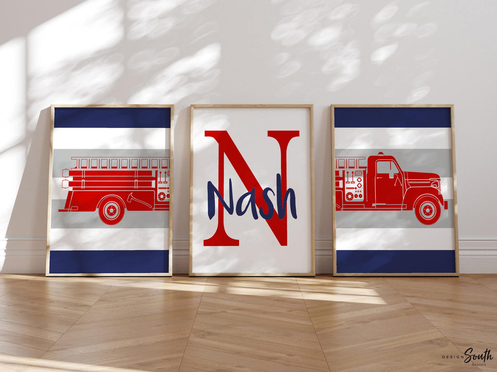 Red gray and navy blue firetruck nursery decor, firefighter nursery art, firetruck kid art, firetruck theme, children firetruck wall art