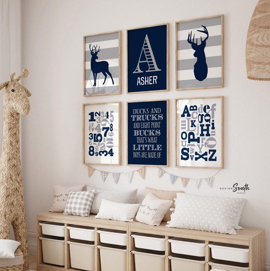 Deer boys bedroom nursery or playroom decor, boys art eight point bucks, deer theme, deer nursery, eight point bucks, navy and gray set of 6